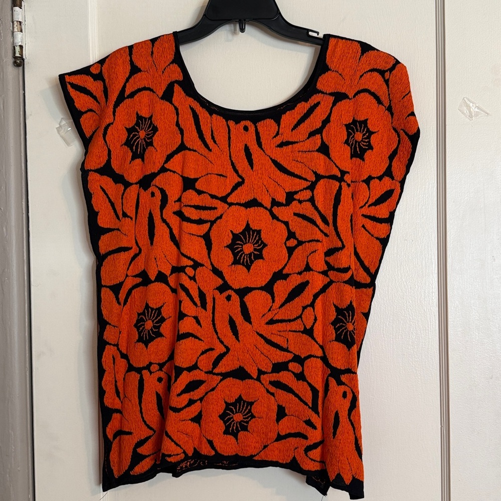 Vibrant Orange and Black Floral Top